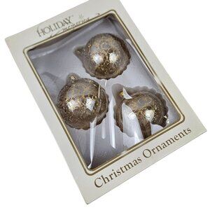 Commodore Holiday Memories 3 Glass Christmas Ornaments Gold Filigree Romania